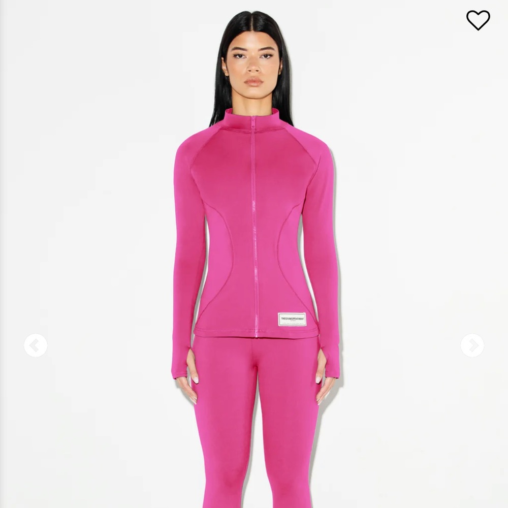 The giving movement hot pink jacket and flare leggings matching activewear set